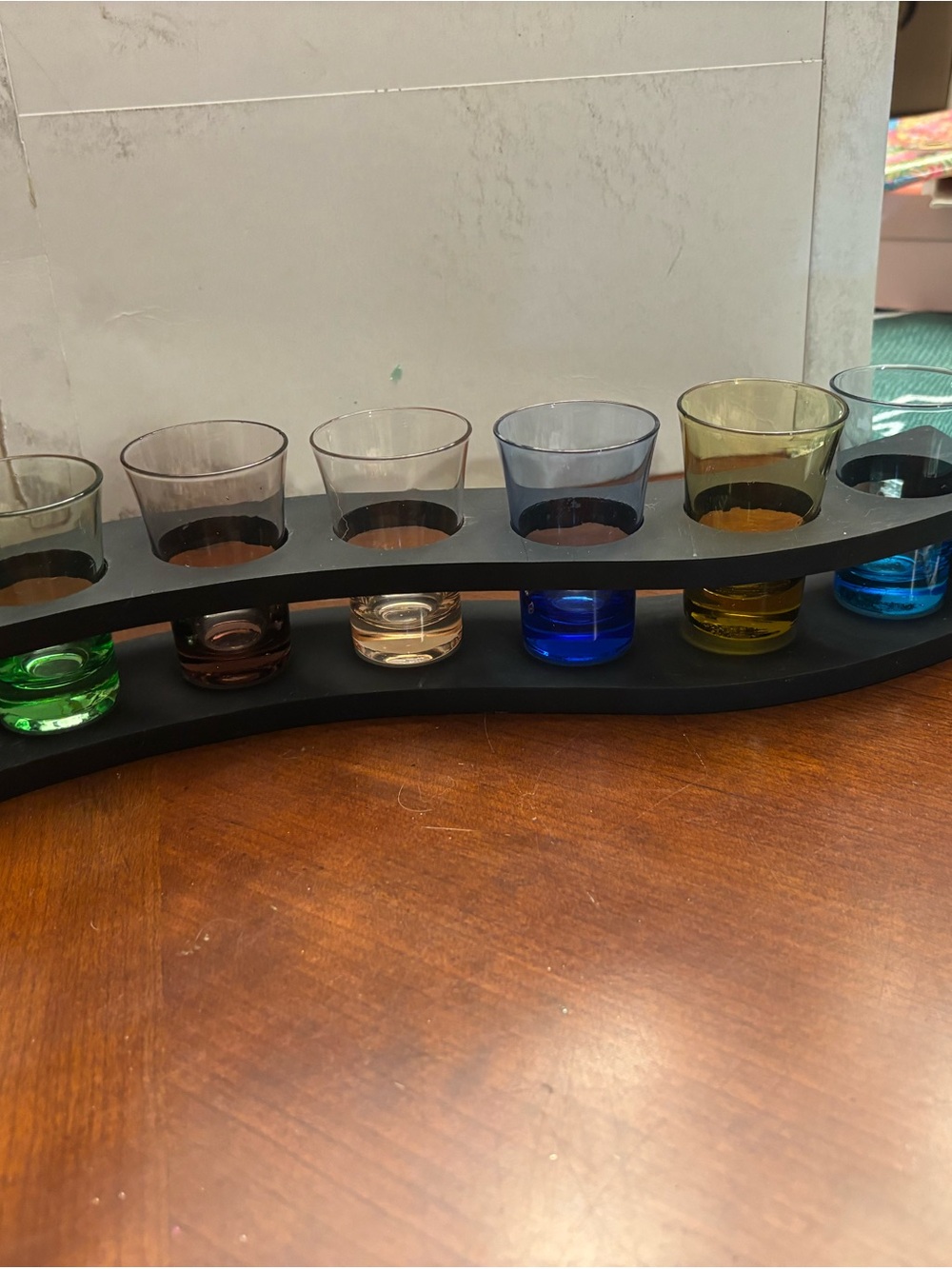 Multicolor Shot Glass Set with Black Wooden Rack